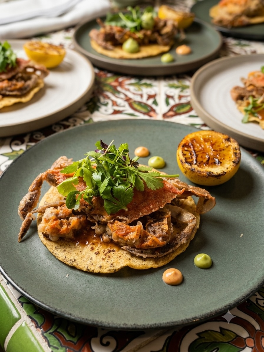 Taco de jaiba suave con cilantro y limón asado en plato artesanal