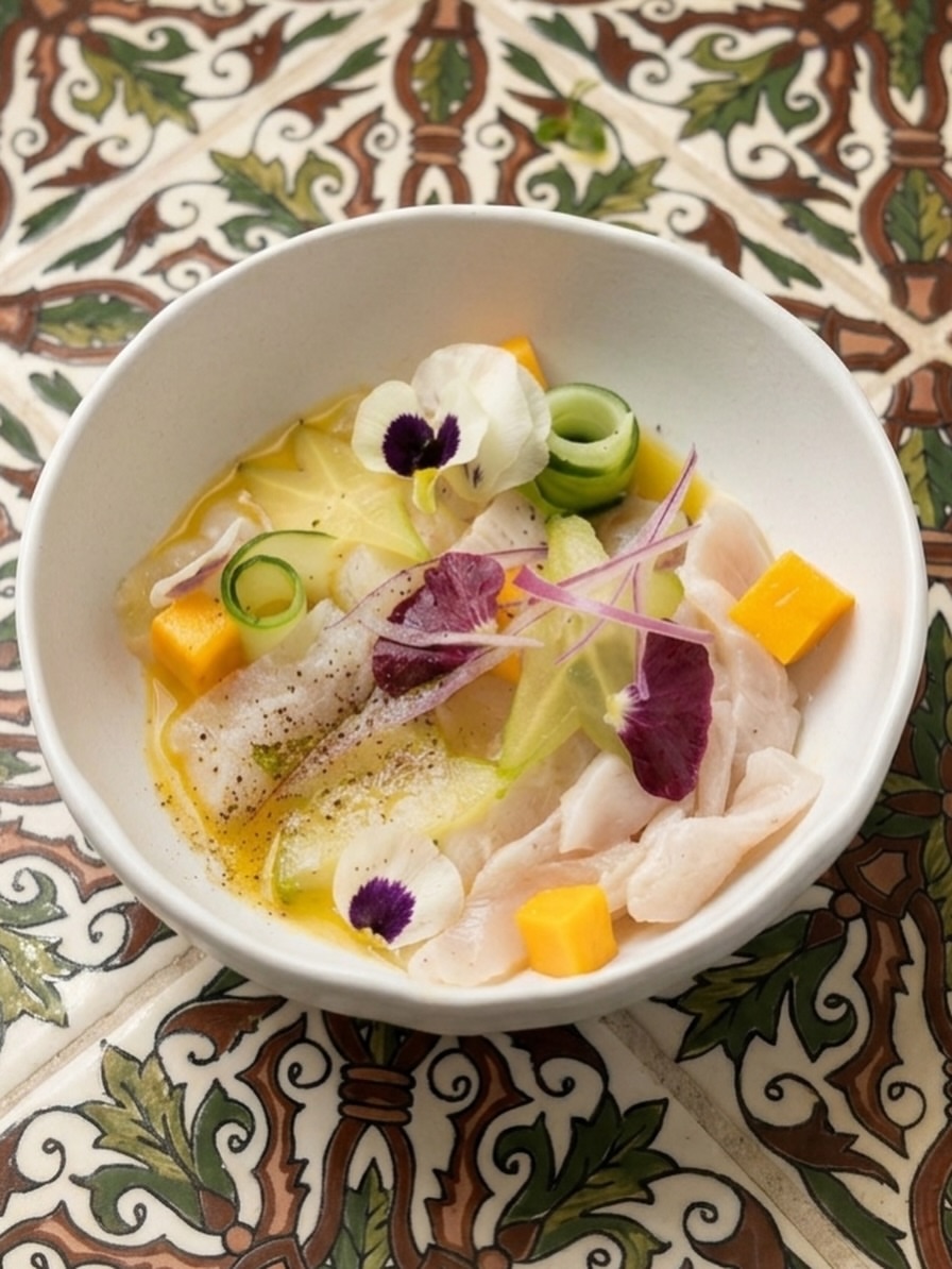 Ceviche con mango y flores comestibles