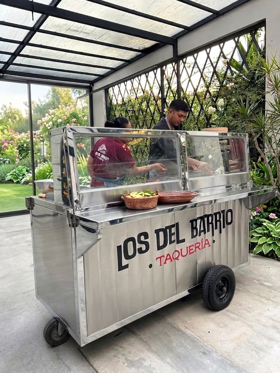 Carrito de tacos Los Del Barrio Taquería montado en un jardín
