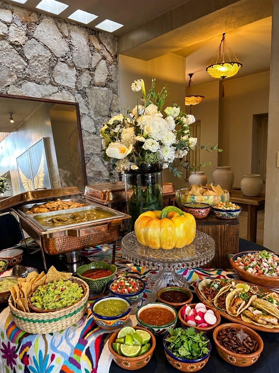 Buffet de brunch mexicano con chilaquiles, guacamole, tacos y arreglo floral