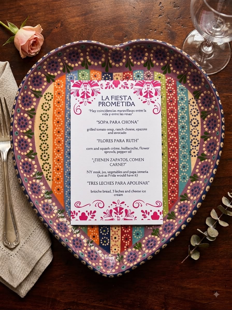 Menú impreso sobre plato de barro en forma de corazón con rosa y cubiertos