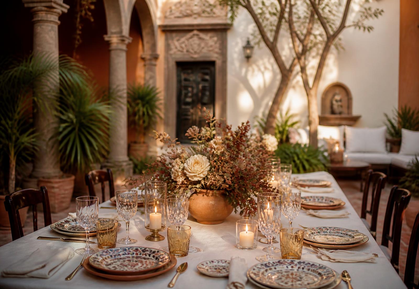 Mesa montada para una cena de catering en un patio colonial de San Miguel de Allende